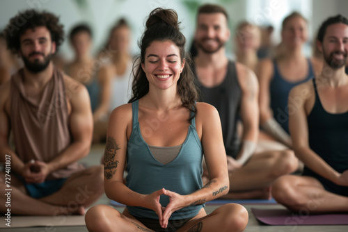 A group of people are sitting in a lotus position with their eyes closed