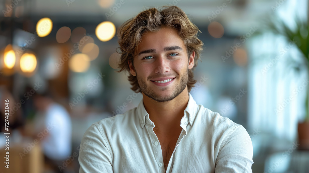 young handsome man with blue eyes on the background of a modern IT office, worker, programmer, professional, designer, guy, boy, portrait, smile, space for text, coworking, open space, people, person young handsome man with blue eyes on the background of a modern IT office, worker, programmer, professional, designer, guy, boy, portrait, smile, space for text, coworking, open space, people, person