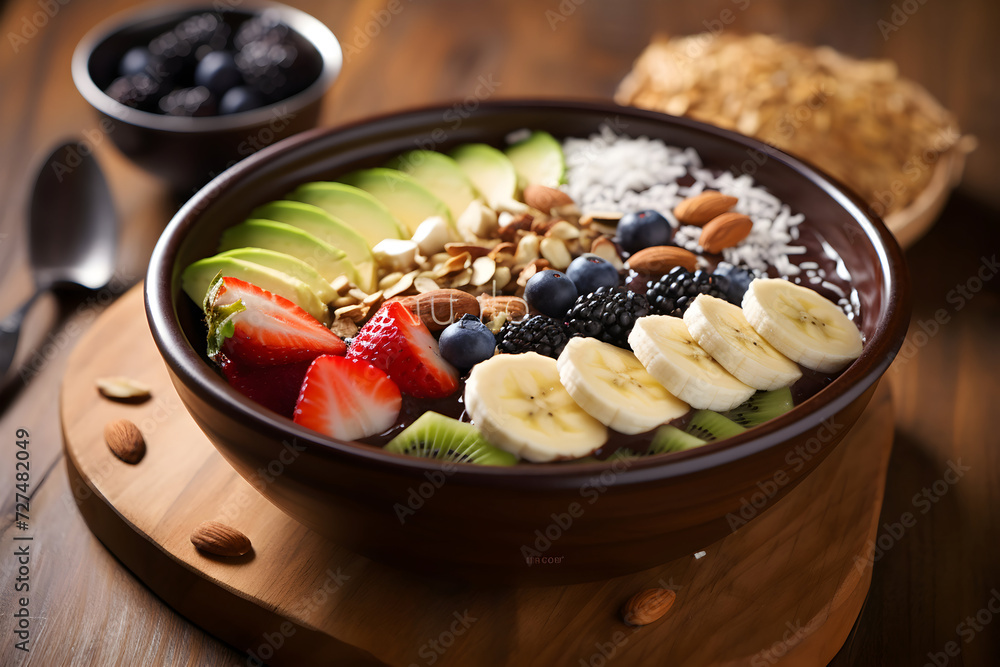 Healthy breakfast bowl with oatmeal, fresh berries, banana and nuts.