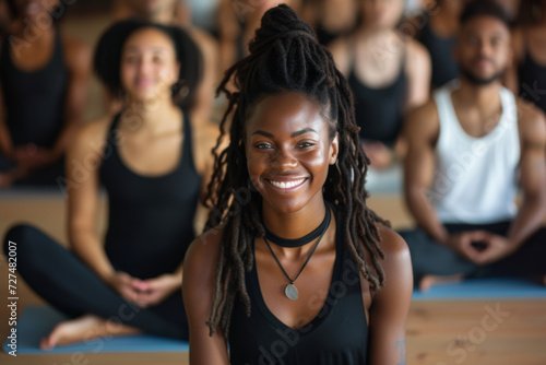 A woman with dreadlocks is smiling in front of a group of people