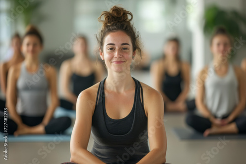 A woman sits in front of a group of women on yoga mats