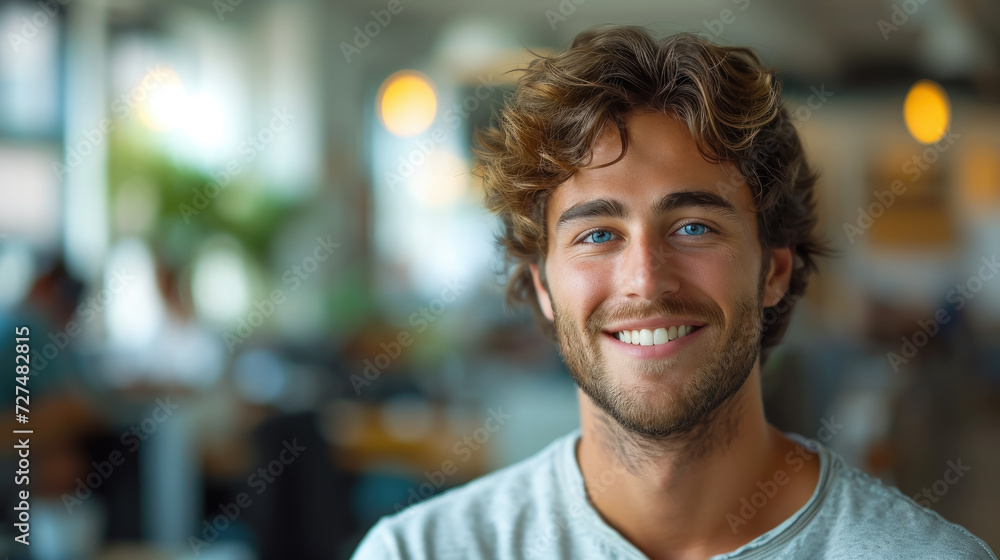 young handsome man with blue eyes on the background of a modern IT office, worker, programmer, professional, designer, guy, boy, portrait, smile, space for text, coworking, open space, people, person young handsome man with blue eyes on the background of a modern IT office, worker, programmer, professional, designer, guy, boy, portrait, smile, space for text, coworking, open space, people, person
