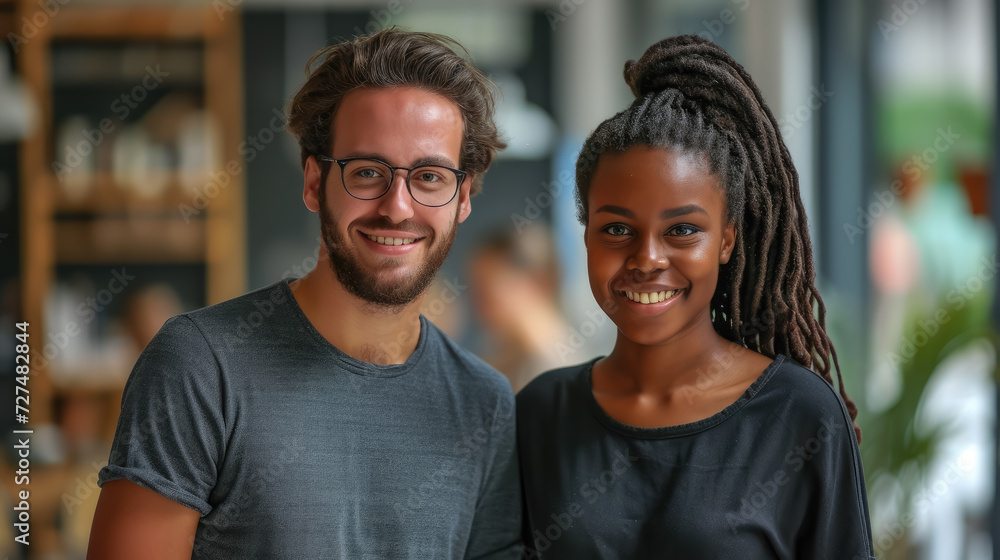 blue-eyed smiling young european white man and African American woman, colleagues against the background of a modern IT company office, business people, manager, professional, working,  entrepreneur