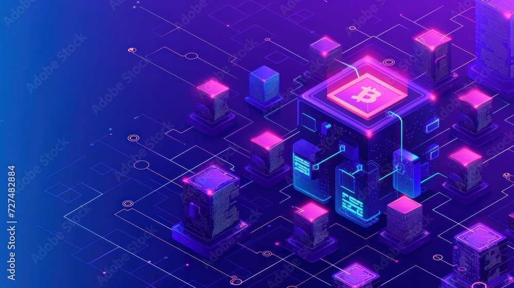 Isometric blockchain technology concept. Network, e-commerce, bitcoin trading, global cryptocurrency blockchain data transfer illustration on ultraviolet background. Vector 3d isometric illustration Isometric blockchain technology concept. Network, e-commerce, bitcoin trading, global cryptocurrency blockchain data transfer illustration on ultraviolet background. Vector 3d isometric illustration
