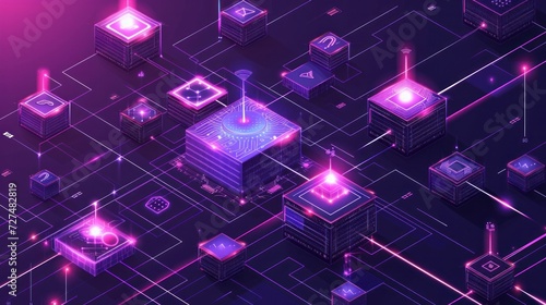 Isometric blockchain technology concept. Network, e-commerce, bitcoin trading, global cryptocurrency blockchain data transfer illustration on ultraviolet background. Vector 3d isometric illustration photo