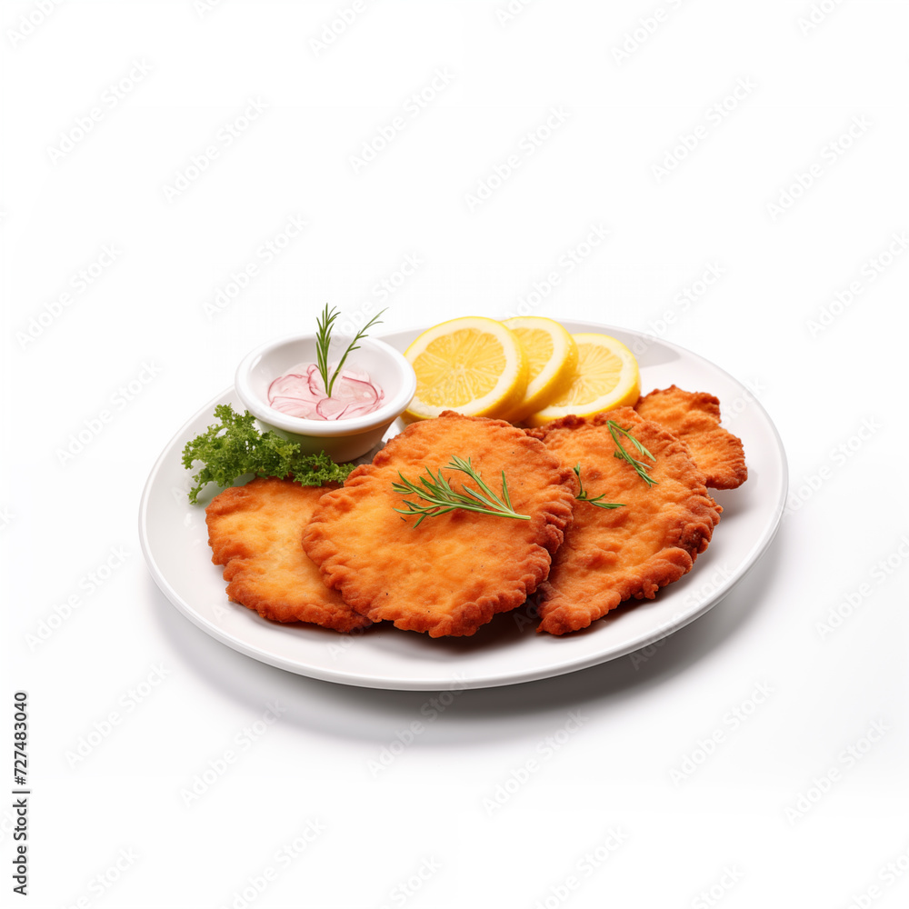 Wiener Schnitzel dish contains breaded and fried veal cutlet, served with lemon and fried potato .ai generator Wiener Schnitzel dish contains breaded and fried veal cutlet, served with lemon and fried potato .ai generator