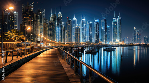 Dubai's Stunning Skyline Illuminated Against Evening Traffic: Experience the Vibrancy of City Life  photo