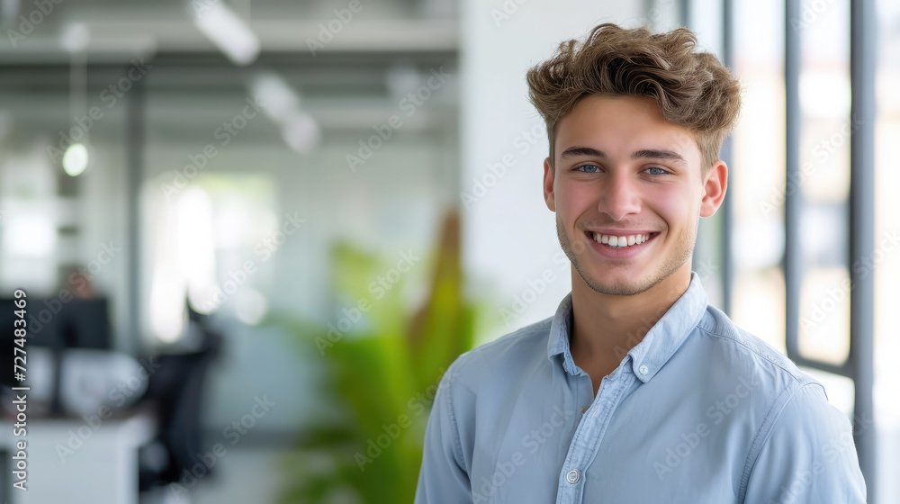 young handsome man with blue eyes on the background of a modern IT office, worker, programmer, professional, designer, guy, boy, portrait, smile, space for text, coworking, open space, people, person young handsome man with blue eyes on the background of a modern IT office, worker, programmer, professional, designer, guy, boy, portrait, smile, space for text, coworking, open space, people, person