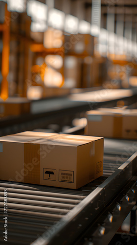 shipping boxes on conveyor belt in a warehouse 