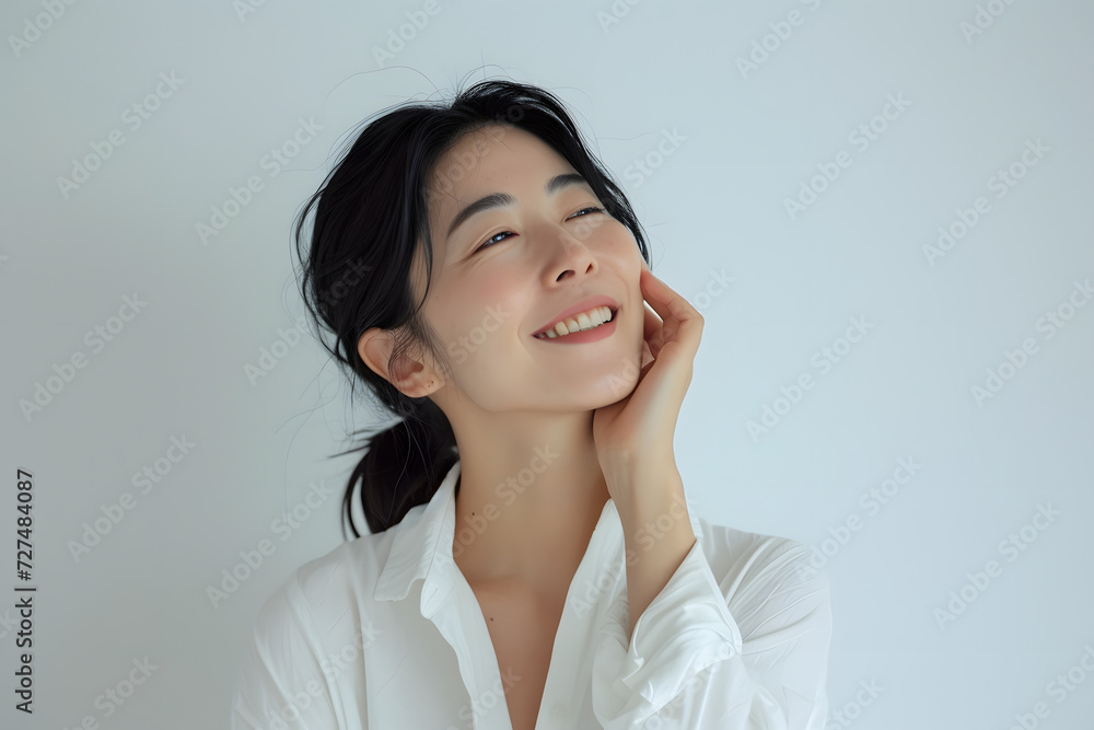 japanese woman smiling in white shirt while touching her face japanese woman smiling in white shirt while touching her face
