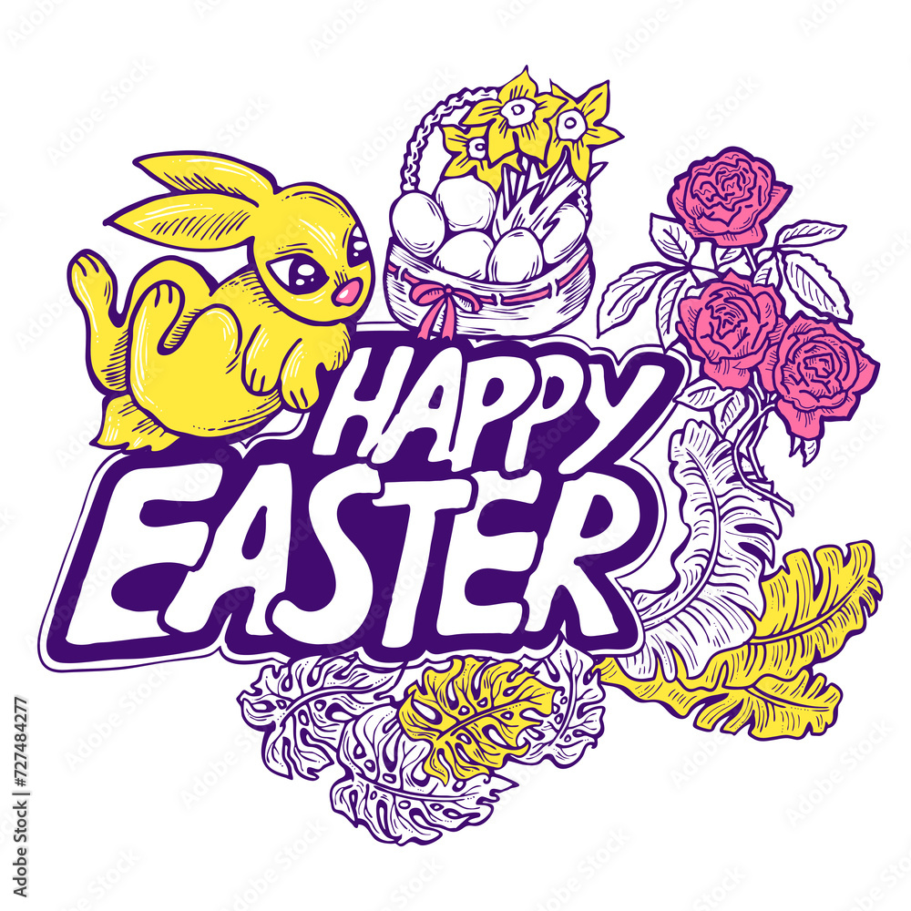 Fototapeta premium Easter bunny with basket, eggs, flowers and butterfly. Decorative design composition for poster print, greeting card, kids party invitation. Hand drawn illustration. Vintage cartoon style drawing.