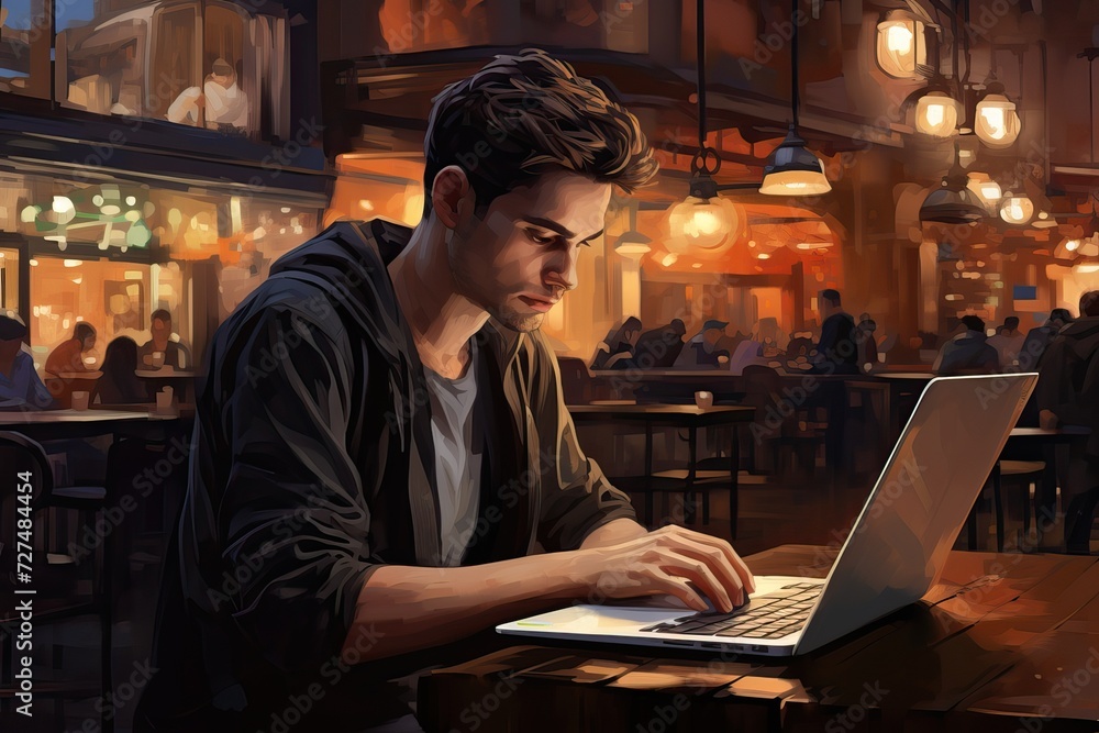 man working on a laptop in a cafe man working on a laptop in a cafe