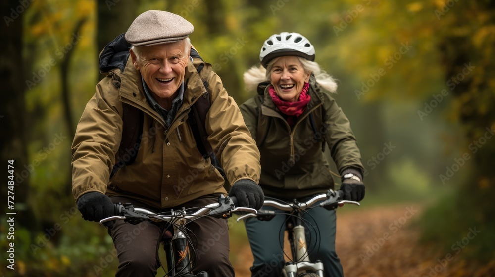 Fototapeta premium Happy couple riding bicycles in nature
