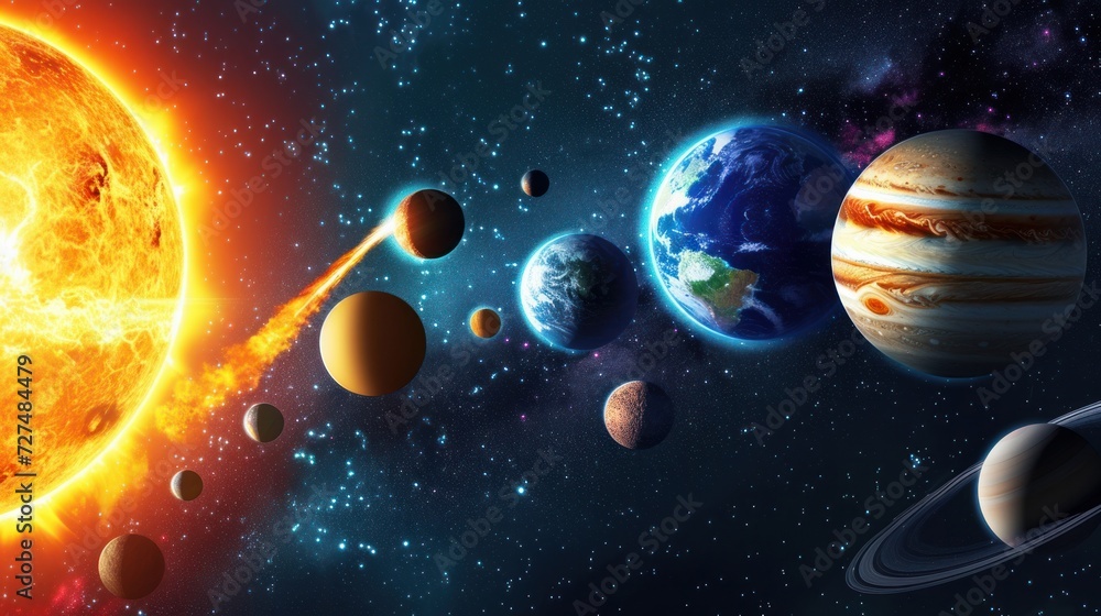 Solar system planet, comet, sun and star. Sun, mercury, Venus, planet earth, Mars, Jupiter, Saturn, Uranus, Neptune. Science and education background