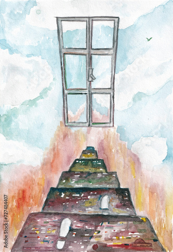 Watercolor sketch in abstract style. Landscape with window frame and staircase in blue sky. A metaphorical card for associative work with a psychologist photo