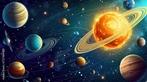 Solar system planets around the Sun vector design of space and astronomy. Universe galaxy Earth  Mars and Mercury with orbits and stars  Saturn  Jupiter  Uranus  Venus and Neptune with asteroid belt