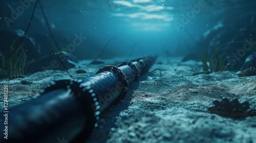 Submarine underwater communication fibre optic cable on deep sea bed. 3D rendering photo