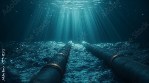 Submarine underwater communication fibre optic cable on deep sea bed. 3D rendering