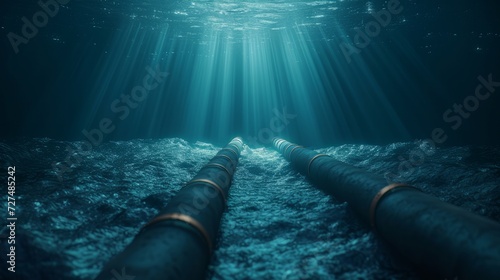 Submarine underwater communication fibre optic cable on deep sea bed. 3D rendering photo