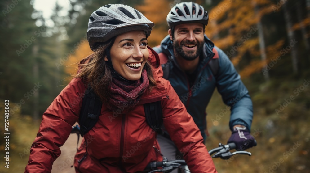 Happy couple riding bicycles in nature Happy couple riding bicycles in nature