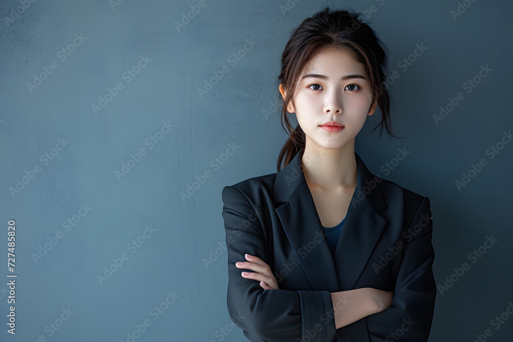 happy smiling female asian business woman with arms crossed against white background happy smiling female asian business woman with arms crossed against white background