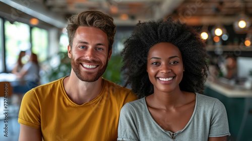 blue-eyed smiling young european white man and African American woman, colleagues against the background of a modern IT company office, business people, manager, professional, working, entrepreneur