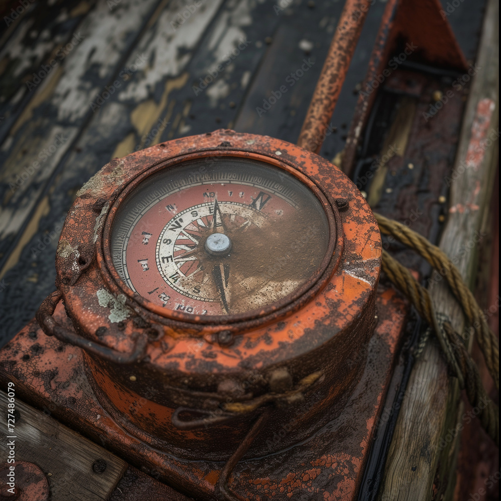 Vintage Nautical Compass on Weathered Boat Deck