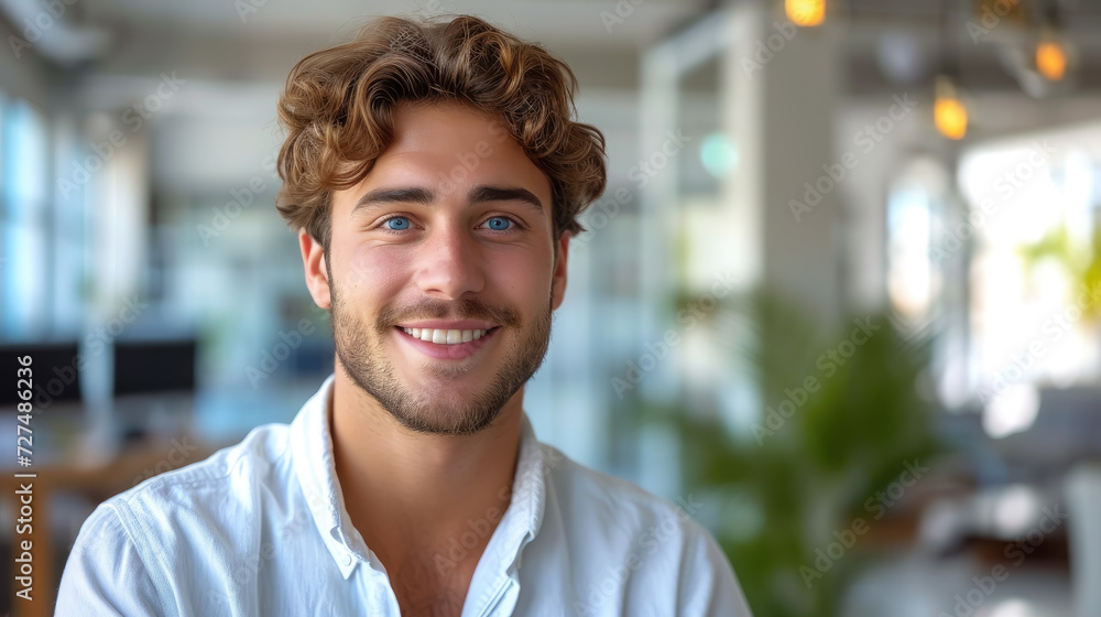 Fototapeta premium young handsome man with blue eyes on the background of a modern IT office, worker, programmer, professional, designer, guy, boy, portrait, smile, space for text, coworking, open space, people, person