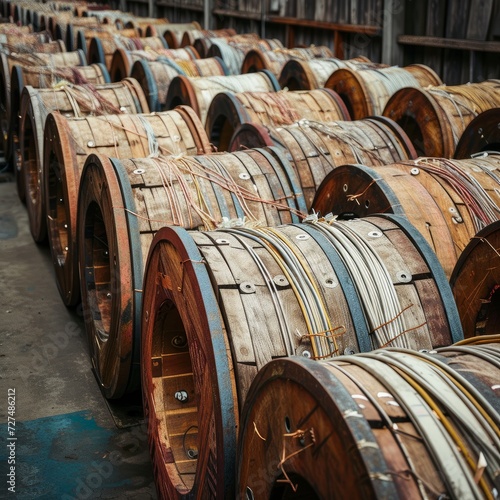 Wooden Coils Of Electric Cable Outdoor. High and low voltage cables in the storage