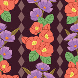 Seamless pattern of flowers and diamond pattern, Red wine color tone background, Modern floral pattern, Vintage floral background, Pattern for design wallpaper, Gift wrap paper and fashion prints.