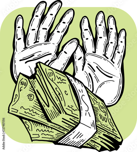 Big dollars banknotes money in your hands. Finance business, commerce, payment economy  theme for poster print, vector elements. Take or give loan. Hand drawn illustration. Cartoon style drawing.