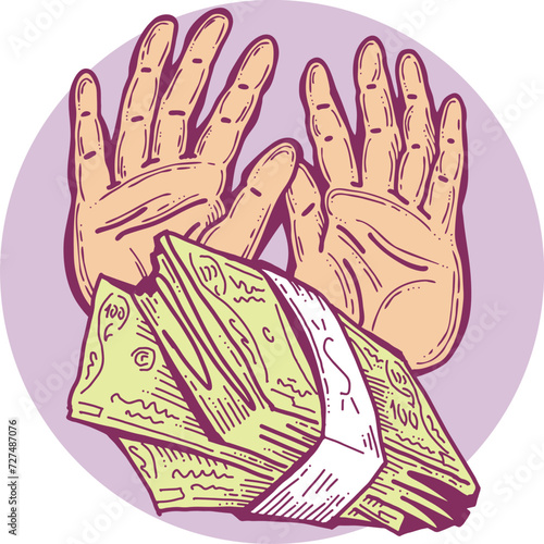 Big dollars banknotes money in your hands. Finance business, commerce, payment economy  theme for poster print, vector elements. Take or give loan. Hand drawn illustration. Cartoon style drawing.