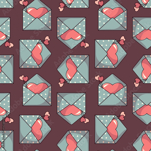 Walentynkowe tło bezszwowe w koperty i serduszka. Listy miłosne na ciemnym tle.