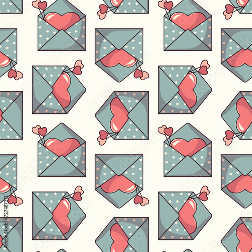Walentynkowe tło bezszwowe w koperty i serduszka. Listy miłosne na jasnym tle.