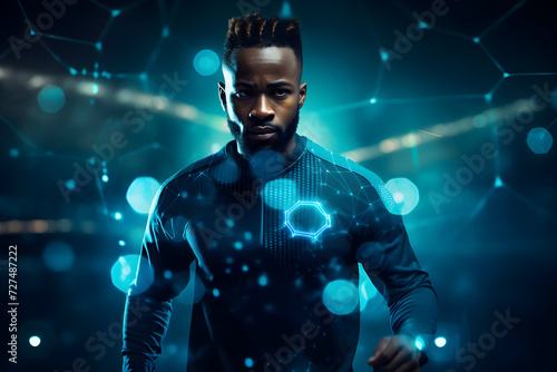 Portrait of young african american sportsman on dark background with hexagons. Future technology concept