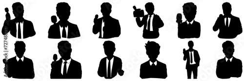  Tv reporter microphone silhouettes set, large pack of vector silhouette design, isolated white background.