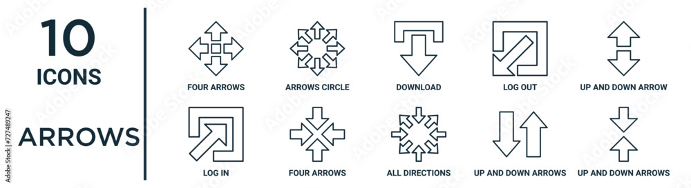 arrows outline icon set such as thin line four arrows, download, up and ...