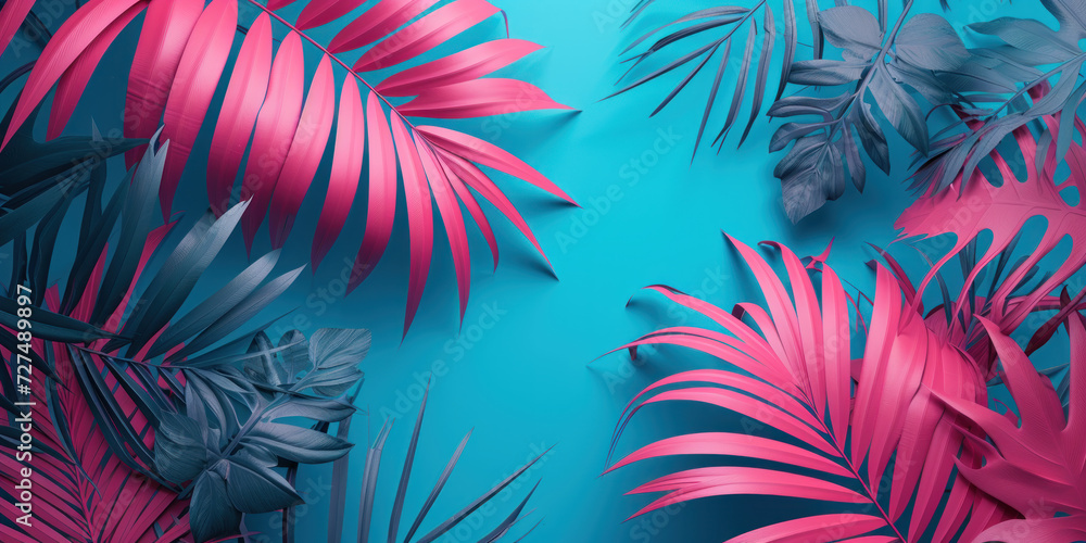 Colorful tropical background with palm leaves and monstera leaf, Top view Minimal fashion summer concept. Flat lay Colorful tropical background with palm leaves and monstera leaf, Top view Minimal fashion summer concept. Flat lay