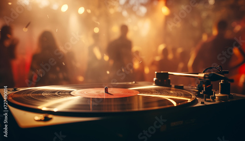 LP records player with old vintage retro vinyl disc close up image with dancing disco party background. Analog electronics, natural sound quality and retro style life concept. photo