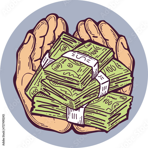 Big dollars banknotes money in your hands. Finance business, commerce, payment economy  theme for poster print, vector elements. Take or give loan. Hand drawn illustration. Cartoon style drawing.