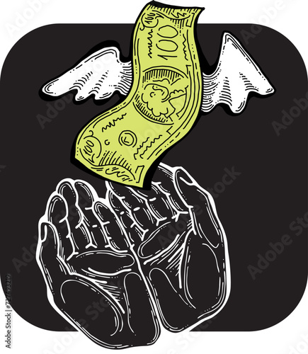 Big dollars banknotes money in your hands. Finance business, commerce, payment economy  theme for poster print, vector elements. Take or give loan. Hand drawn illustration. Cartoon style drawing.