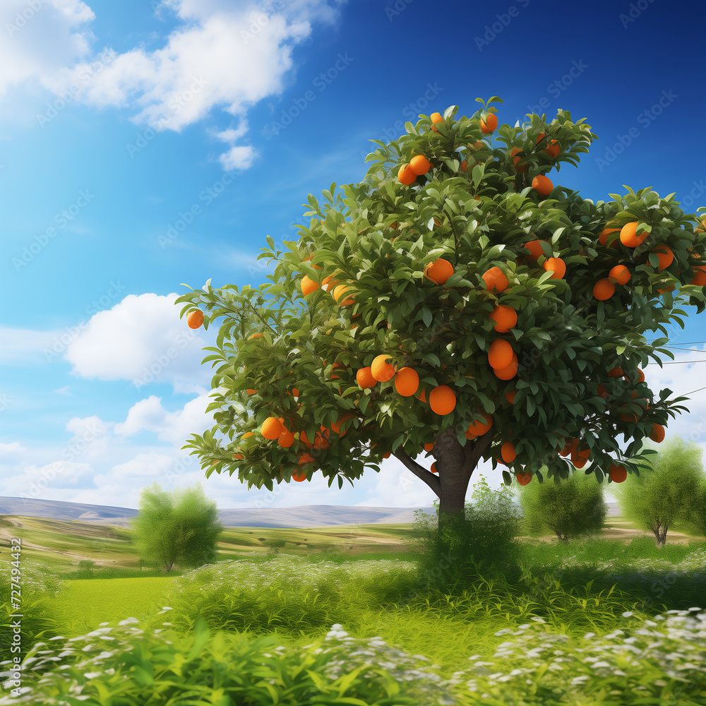 Harvested Orchard: A vibrant tree laden with ripe oranges and apples against a backdrop of a sunny sky in a fruitful garden