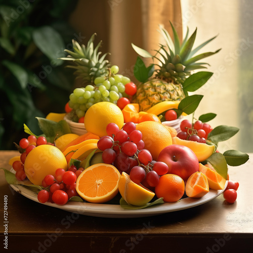 A vibrant and healthy arrangement featuring a variety of fresh fruits  including apples  oranges  grapes  bananas  pears  kiwi  strawberries  and lemons  surrounded by a clean white backdrop