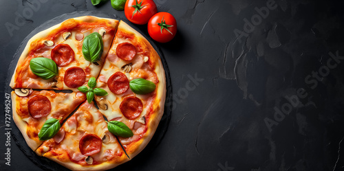 Tasty pepperoni pizza and tomatoes, basil on black concrete background. Top view of pepperoni pizza with salami. Copy space for text, flat lay