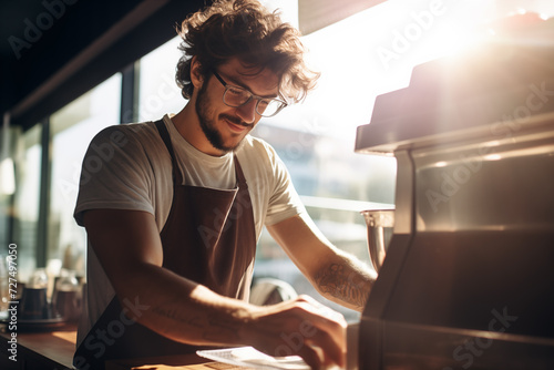 Portrait of a beautiful male barista standing behind the counter in a coffee shop. A man cafe owner in an apron looks at the camera. Business concept.