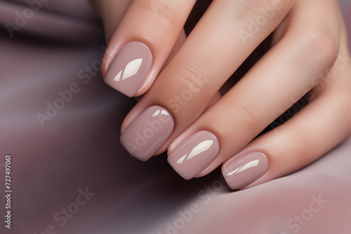 Closeup to woman hands with elegant neutral colors manicure. Beautiful nude manicure on long nails. Nude shade nail manicure with gel polish at luxury beauty salon