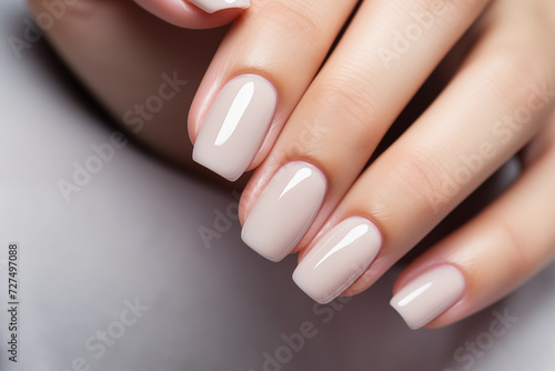 Closeup to woman hands with elegant neutral colors manicure. Beautiful nude manicure on long nails. Nude shade nail manicure with gel polish at luxury beauty salon photo