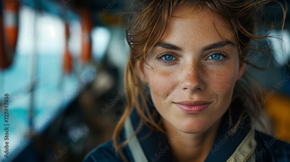 Portrait of empowered female maritime professional at work. Hard working woman at the ship. Maritime concept. Work concept. Woman concept. Portrait of empowered female maritime professional at work. Hard working woman at the ship. Maritime concept. Work concept. Woman concept.