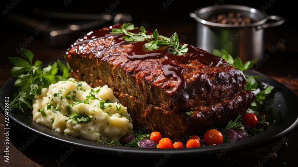 delicious meatloaf with vegetable topping, black and blurred background delicious meatloaf with vegetable topping, black and blurred background
