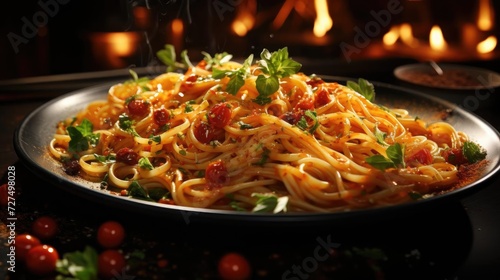 close up delicious spaghetti full of spices  black and blur background
